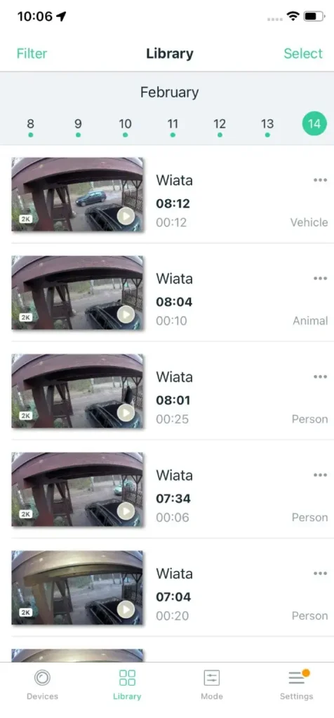 Widok z aplikacji z jednej kamery Arlo 4 Pro. Historia nagrań z danego dnia (14.02.2024) / Fot. Mat. własne