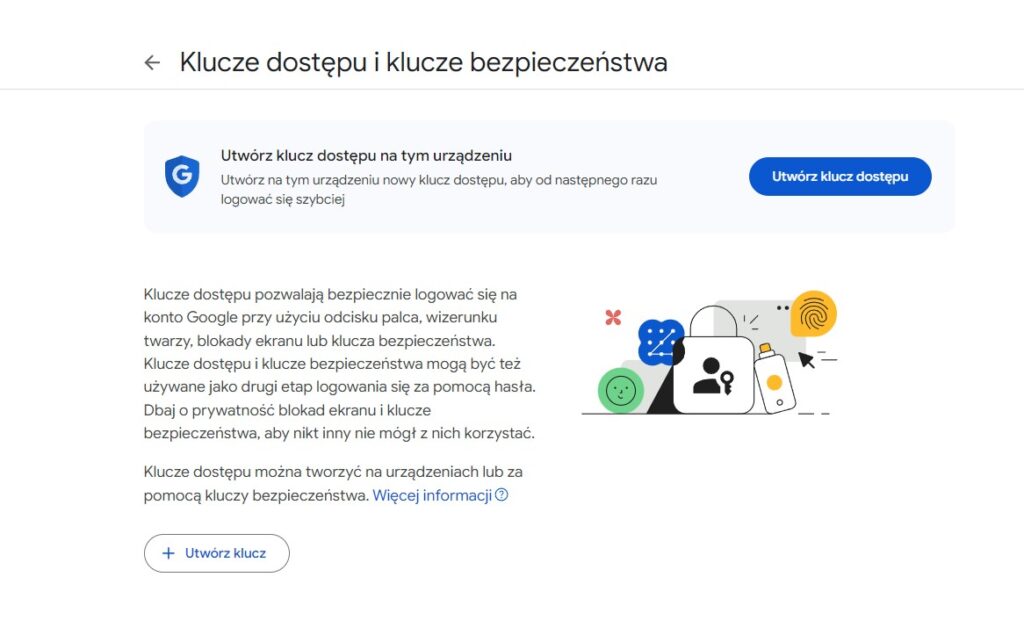 Konfigurowanie klucza dostępu w Google